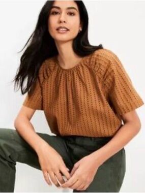 LOFT Camel Eyelet Short Sleeve Blouse